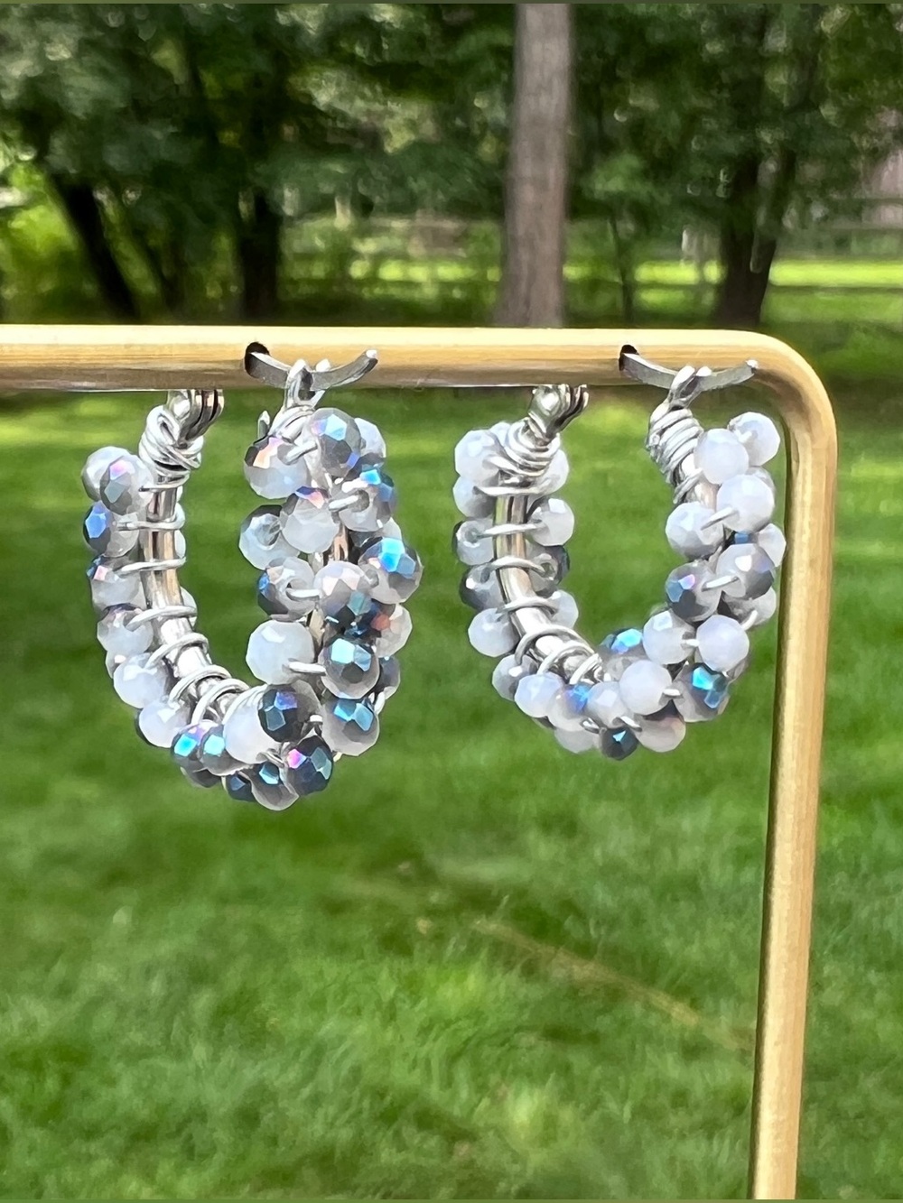 Handmade Alma Hoop Earrings Denim & Dust Blue Glass Beads Stainless Steel Silver
